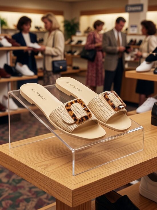Bamboo Shoes - Bamboo Women Size 8 Slide Sandal Beige Woven Raffia Buckle Statement Boho Summer